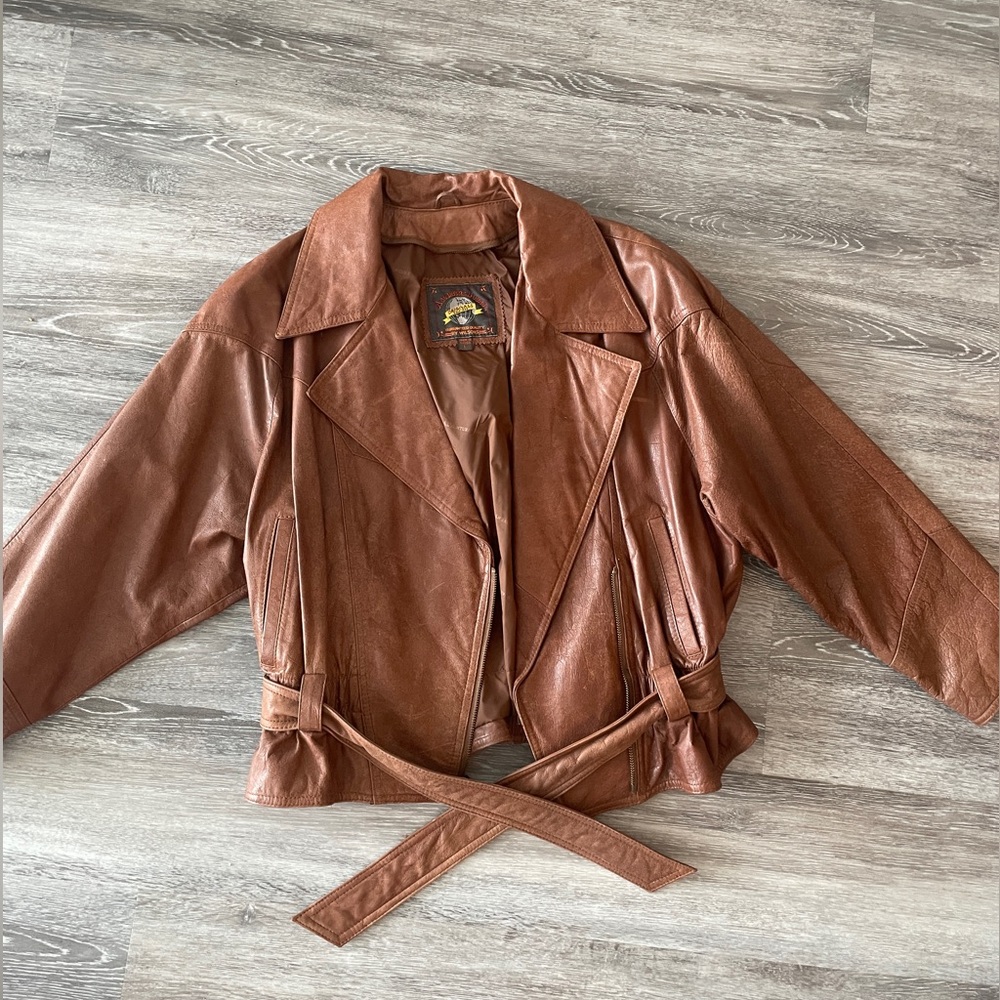 Vintage brown leather jacket with belt